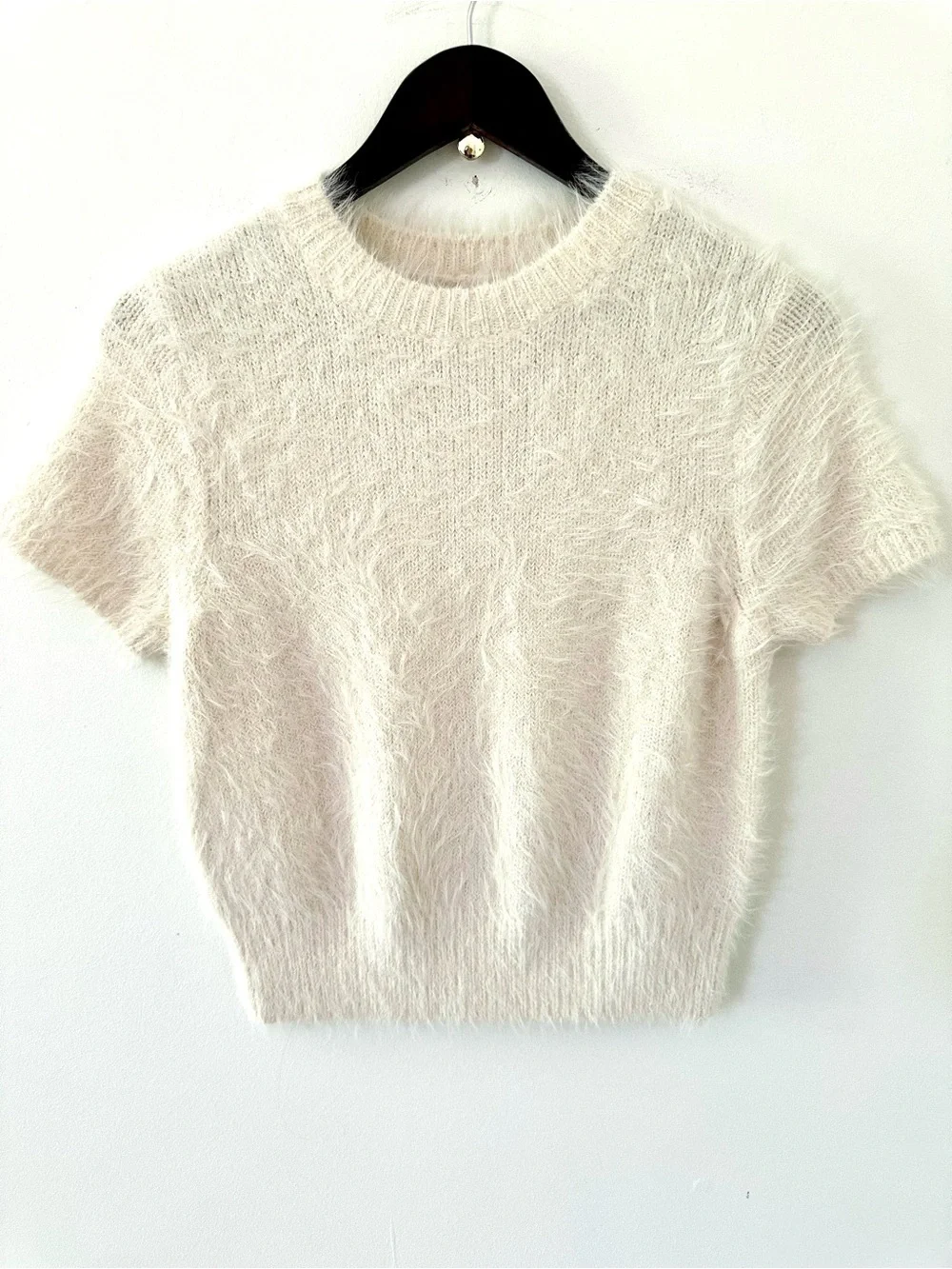 Free People Cream Fuzzy Short-Sleeve Crew Sweater